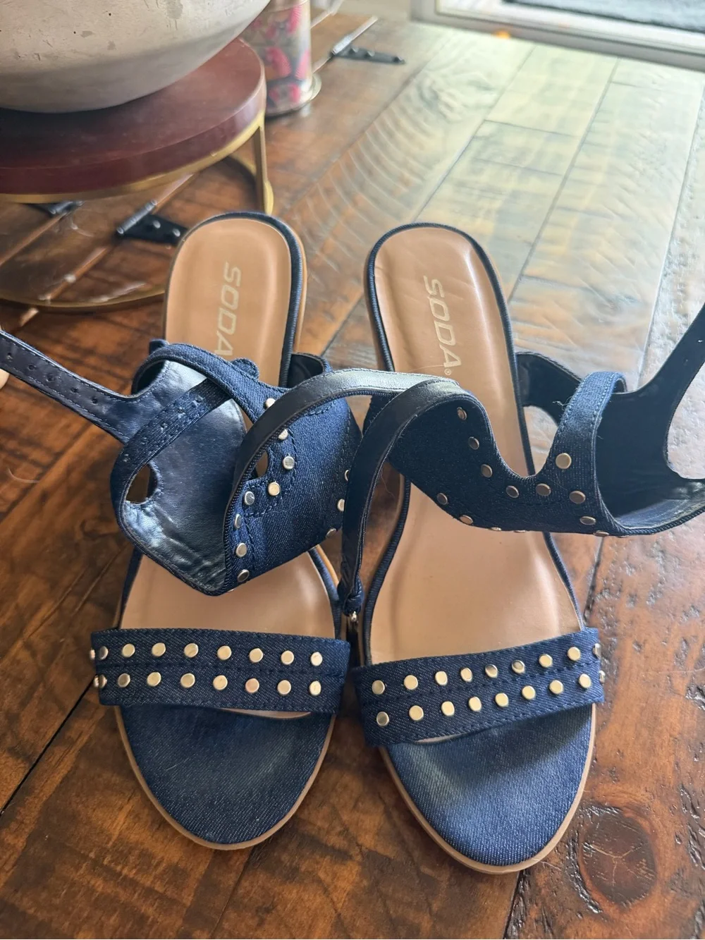 SODA Denim Blue Studded Strappy Block Heel Sandals